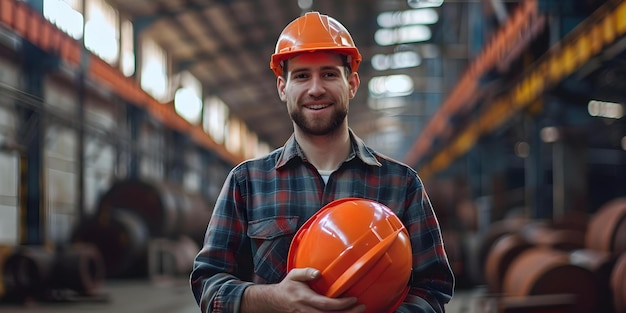 Ritratto di un gioioso giovane operaio di fabbrica in uniforme che tiene il casco nel magazzino di lavorazione dei metalli Concept Photo shoot industriale Ritratto dell'operatore di fabbrica