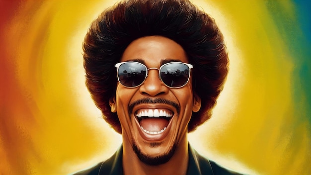 Ritratto di un gioioso uomo afroamericano eccitato con gli occhiali da sole