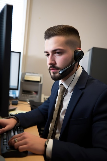 Ritratto di un giovane agente di call center che lavora su un computer in un ufficio creato con l'IA generativa