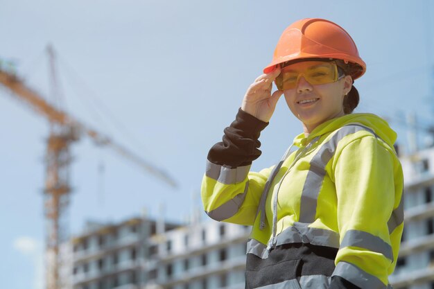 Ritratto di un giovane architetto di un cantiere in equipaggiamento protettivo.