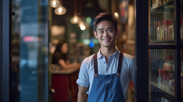 ritratto di un giovane asiatico felice in piedi alla porta del suo negozio