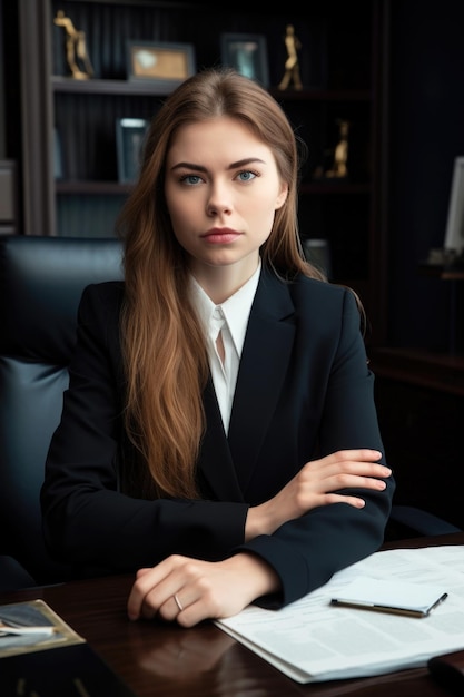 Ritratto di un giovane avvocato fiducioso seduto alla sua scrivania nell'ufficio creato con l'IA generativa