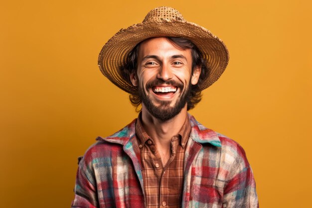 Ritratto di un giovane brasiliano sorridente con un cappello su sfondo giallo Ai generato