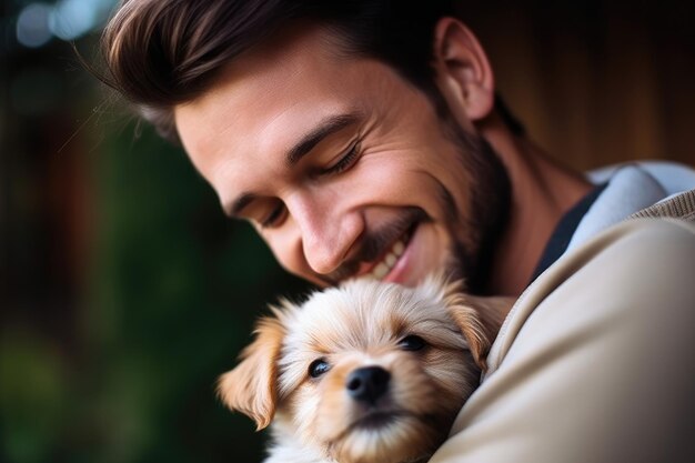 Ritratto di un giovane che abbraccia il suo animale domestico Un piccolo cucciolo di terrier con il proprietario che trascorre del tempo insieme
