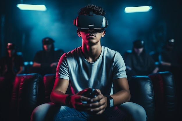 Ritratto di un giovane che gioca con un auricolare di realtà virtuale mentre è seduto in un club di gioco