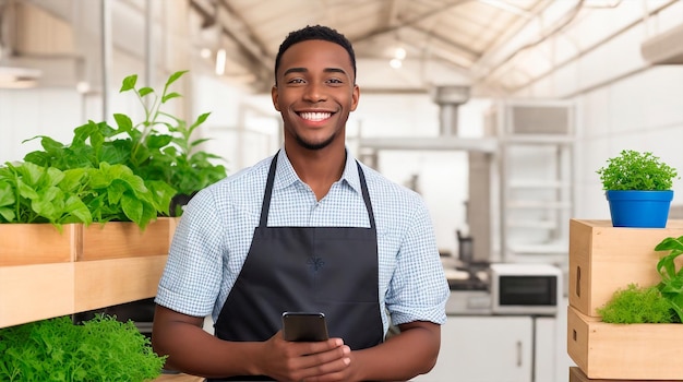 Ritratto di un giovane che sorride al suo posto di lavoro in primo piano