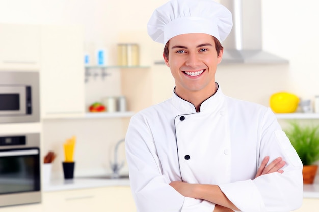 Ritratto di un giovane chef attraente sorridente in uniforme in cucina