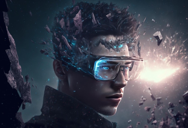 Ritratto di un giovane con occhiali VR immerso nella realtà virtuale Luce al neon astratta sfondo surreale Arte creativa e tecnologia del metauniverso Rendering 3D AI generato