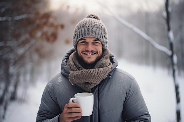 Ritratto di un giovane con una tazza di cioccolato caldo sullo sfondo della foresta invernale