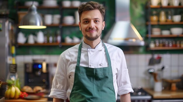 Ritratto di un giovane cuoco di fiducia in un grembiule verde in piedi in una cucina professionale
