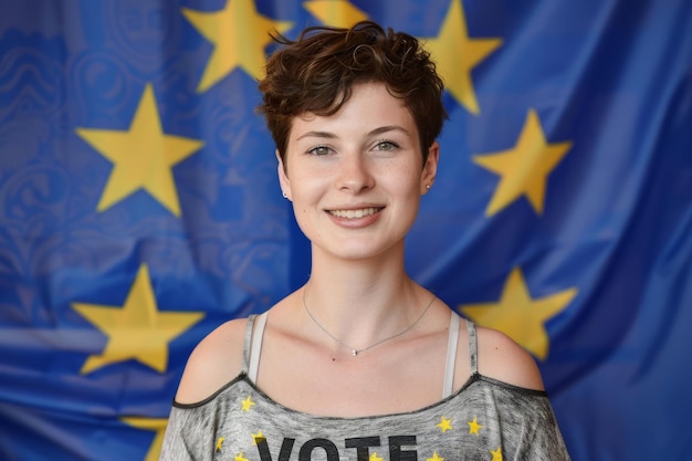 Ritratto di un giovane elettorato europeo davanti alla bandiera dell'Unione europea