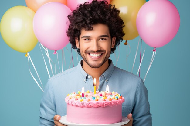 Ritratto di un giovane felice con una torta di compleanno con candele e palloncini