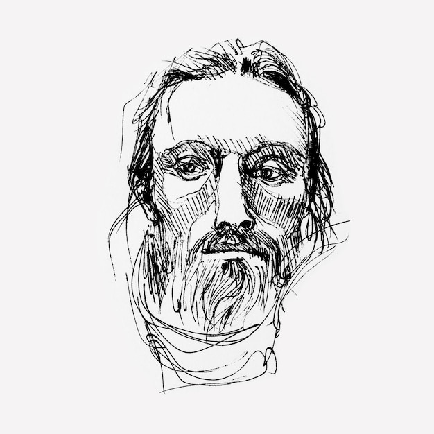 Ritratto di un giovane hipster barbuto che disegna a mano con inchiostro nero su carta bianca