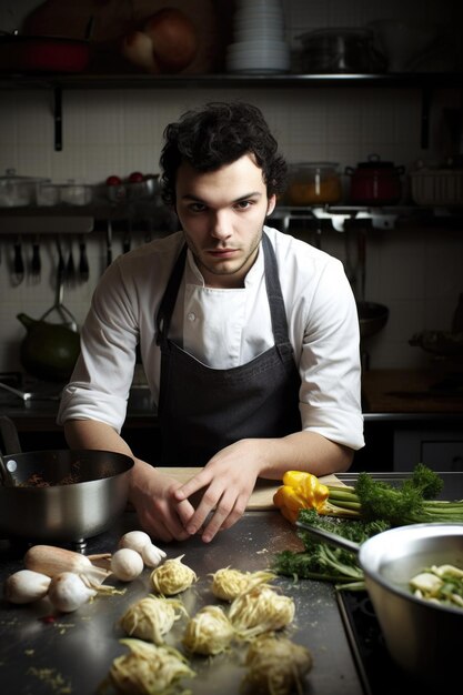 Ritratto di un giovane in cucina che prepara cibo creato con l'IA generativa