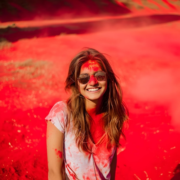 Ritratto di un giovane indiano che si gode la polvere colorata nella festa di Holi in India