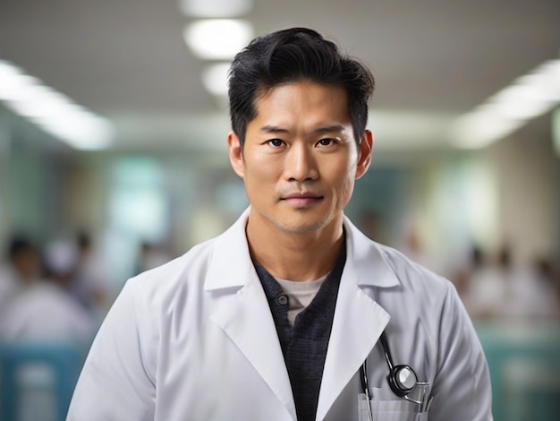 ritratto di un giovane medico asiatico su sfondo blu