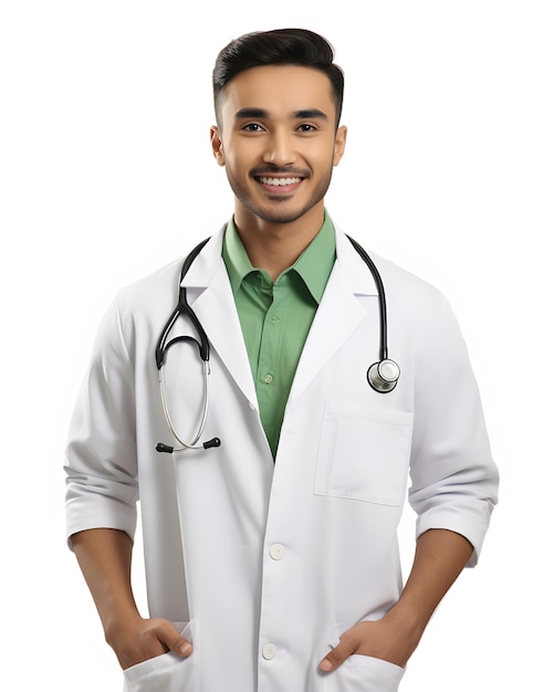 Ritratto di un giovane medico con uno stetoscopio che sorride alla telecamera isolato su sfondo bianco