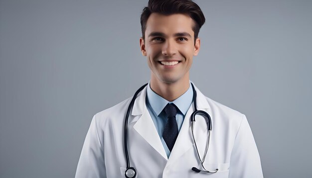 Ritratto di un giovane medico con uno stetoscopio su sfondo grigio