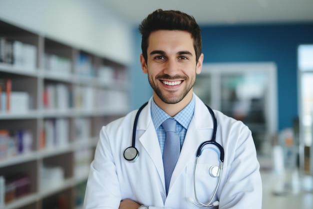 Ritratto di un giovane medico sorridente in piedi con le braccia incrociate in ospedale