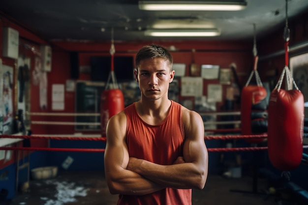 Ritratto di un giovane pugile in palestra che guarda la telecamera dopo un allenamento La boxe è uno sport per coloro che sono in grado di mostrare un vero carattere maschile
