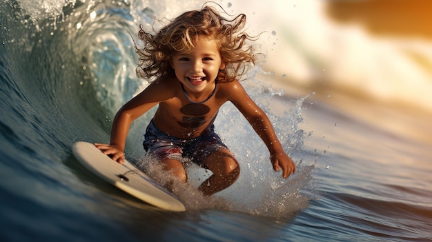 Ritratto di un giovane ragazzo caucasico dai capelli lunghi e ricci che fa surf su un'onda a Bali.