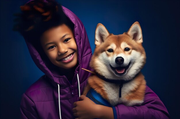 Ritratto di un giovane ragazzo elegante con il suo giocoso cane Shiba Inu su uno sfondo fresco indaco