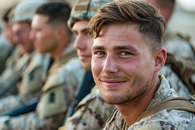 Ritratto di un giovane soldato sorridente in uniforme con compagni di truppa sullo sfondo in soft focus