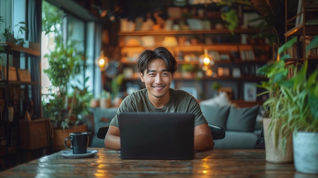 Ritratto di un giovane sorridente che lavora sul portatile mentre è seduto in un caffè