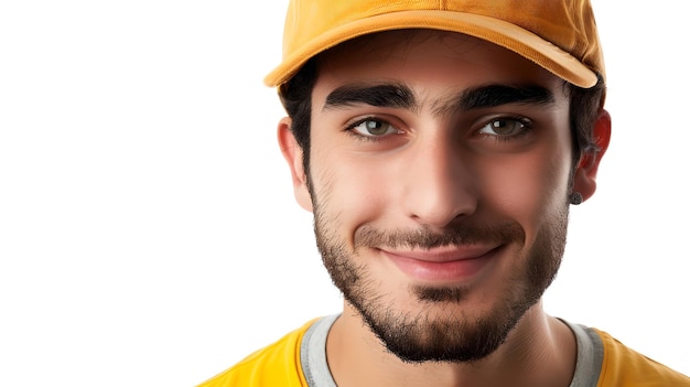Ritratto di un giovane sorridente con un berretto e una camicia gialli Espressione facciale felice, casuale e amichevole Ideale per lo stile di vita Uso AI