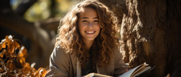 Ritratto di un giovane studente felice che legge un libro appoggiato a un albero in un parco soleggiato