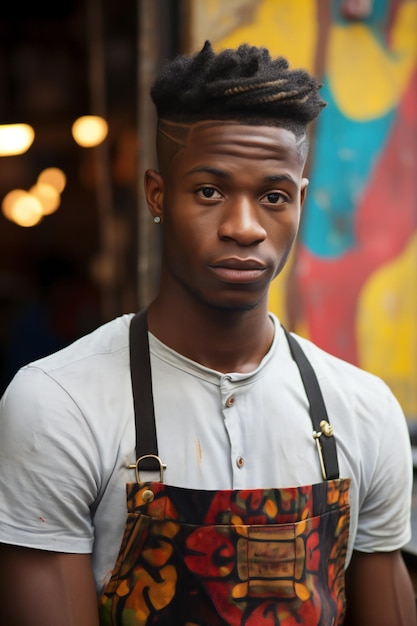 Ritratto di un giovane uomo afroamericano che indossa il grembiule e guarda la macchina fotografica