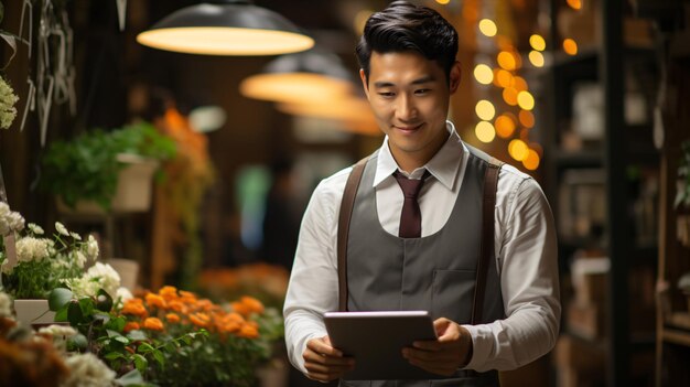 Ritratto di un giovane uomo asiatico proprietario di un caffè o di un ristorante con un tablet