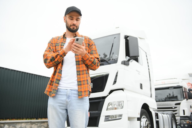 Ritratto di un giovane uomo barbuto in piedi vicino al suo camion Un camionista professionista in piedi vicino a un veicolo semi-camion