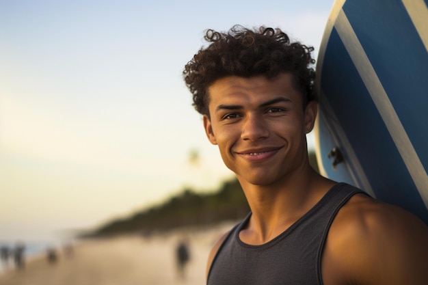 Ritratto di un giovane uomo di razza mista sorridente e felice con una tavola da surf sul bordo della spiaggia prima di andare a fare surf sulle onde in Brasile