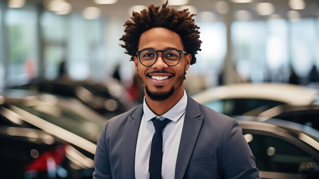 Ritratto di un giovane venditore di automobili afroamericano sorridente in una concessionaria di automobili