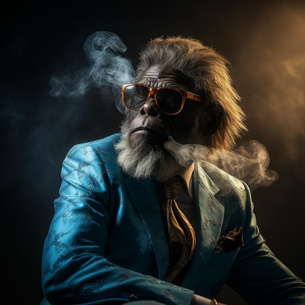 Ritratto di un gorilla che indossa un vestito e degli occhiali seduto e che fuma un sigaro