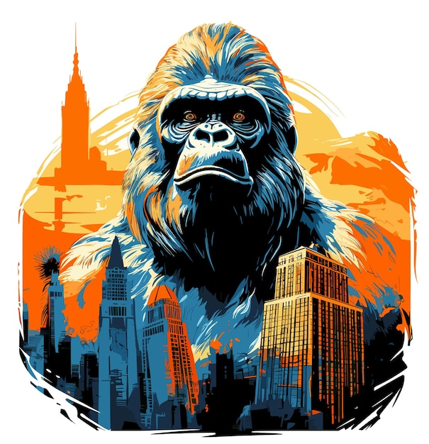 Ritratto di un gorilla gigante arrabbiato e terrorizzato per le strade di una metropoli in uno stile pop art vettoriale Modello per adesivi per magliette ecc.