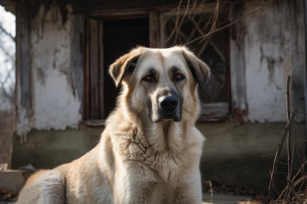 Ritratto di un grosso cane sullo sfondo di una vecchia casa AI Generato