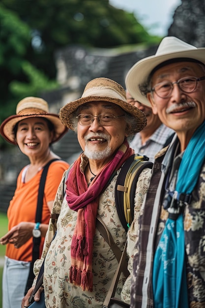 Ritratto di un gruppo di amici asiatici anziani in vacanza estiva