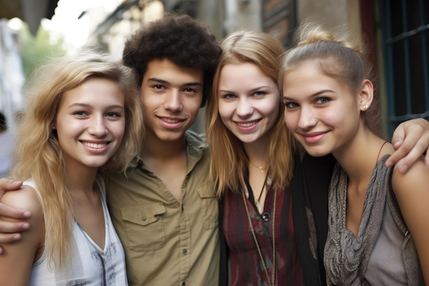 Ritratto di un gruppo di amici in piedi insieme che sorridono alla fotocamera creata con l'IA generativa