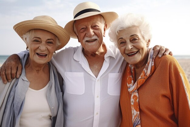 Ritratto di un gruppo di amici senior che bazzicano insieme in spiaggia creato con l'IA generativa