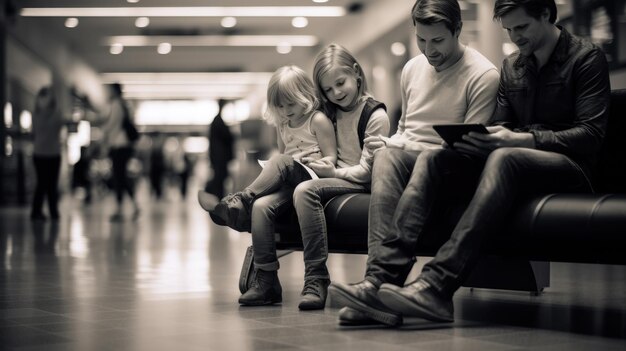 Ritratto di un gruppo di bambini piccoli seduti in un'area di attesa dell'aeroporto