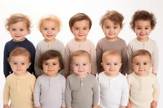 Ritratto di un gruppo di diversi bambini sorridenti isolati su sfondo bianco