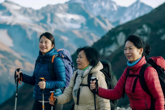 Ritratto di un gruppo di donne adulte che si godono una passeggiata in un'escursione in montagna tenendo in mano un bastone per camminare nordico