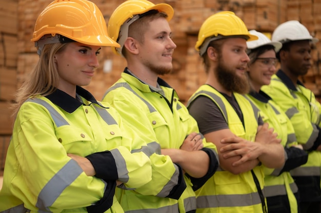 Ritratto di un gruppo di operai che lavorano in una fabbrica di lavorazione del legno In piedi con le braccia incrociate in un ambiente di legno