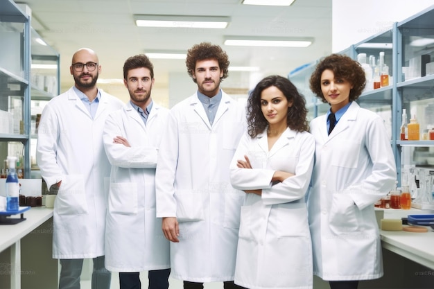 Ritratto di un gruppo di scienziati in piedi insieme nel laboratorio creato con l'AI generativa