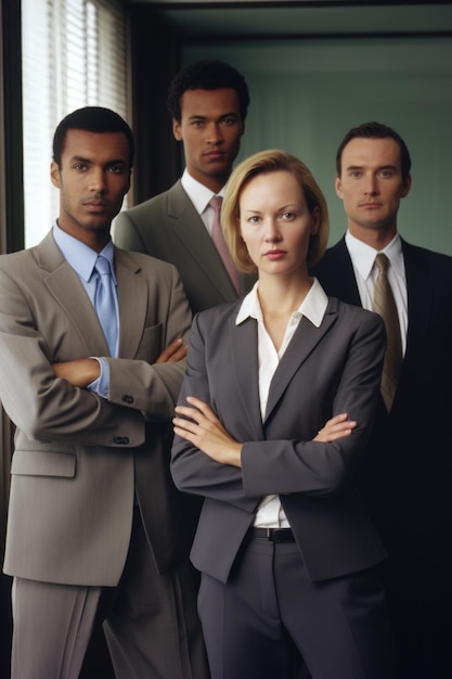 Ritratto di un gruppo di uomini d'affari in piedi insieme nel loro ufficio creato con l'IA generativa
