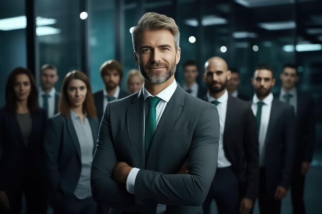 Ritratto di un gruppo sorridente di diversi uomini d'affari in fila in un ufficio moderno e luminoso