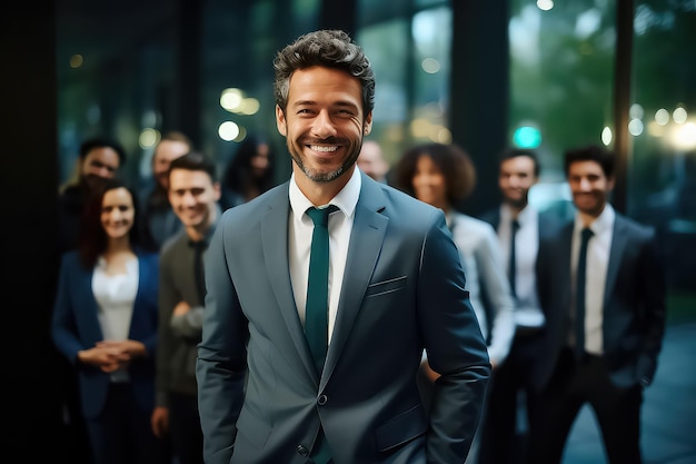 Ritratto di un gruppo sorridente di diversi uomini d'affari in fila in un ufficio moderno e luminoso