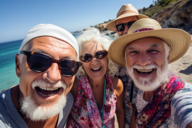 Ritratto di un gruppo sorridente di pensionati europei che si divertono sulla spiaggia mediterranea